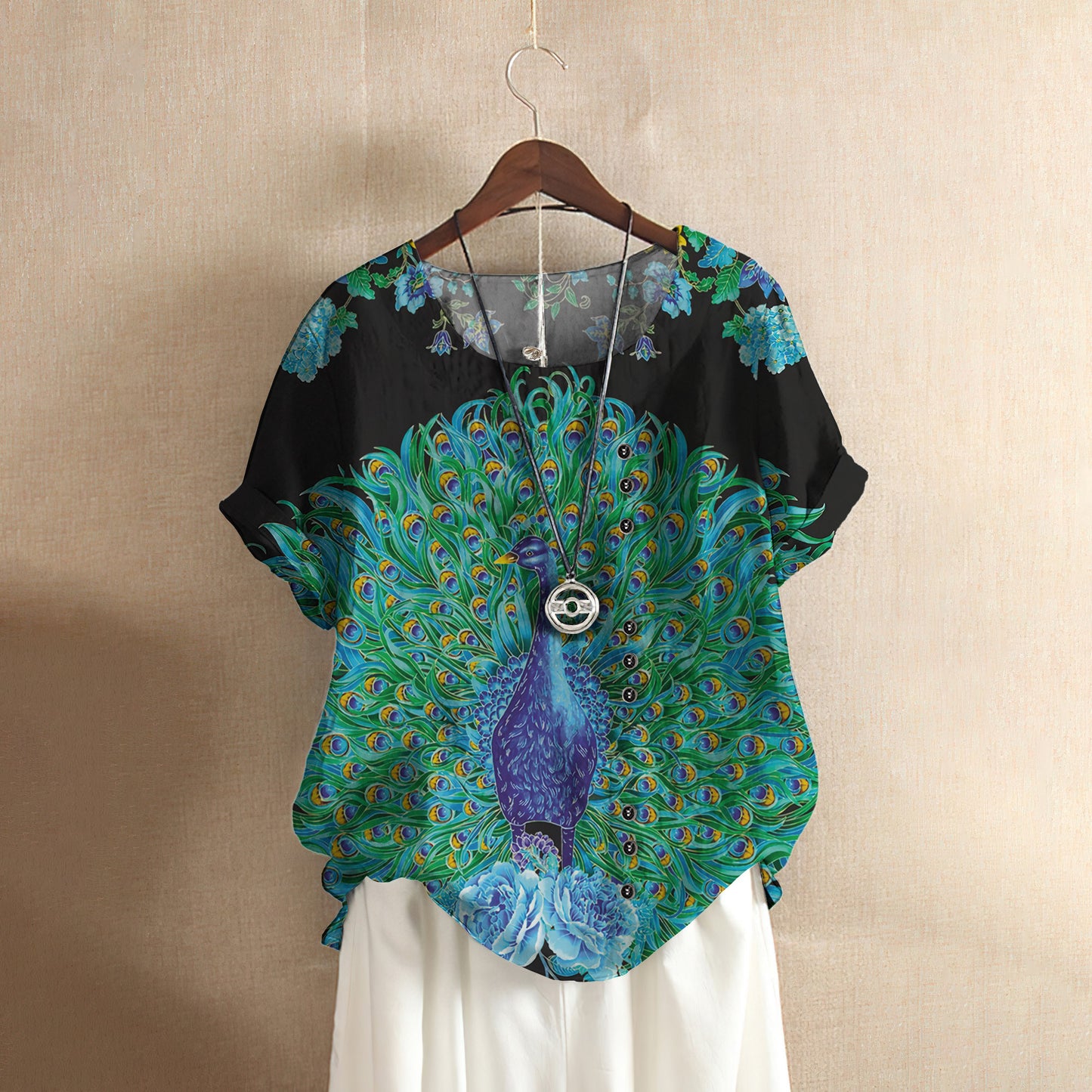 Peacock Enchanted Casual Short Sleeve Shirt | Summer Blouse | Women Cotton T-shirt