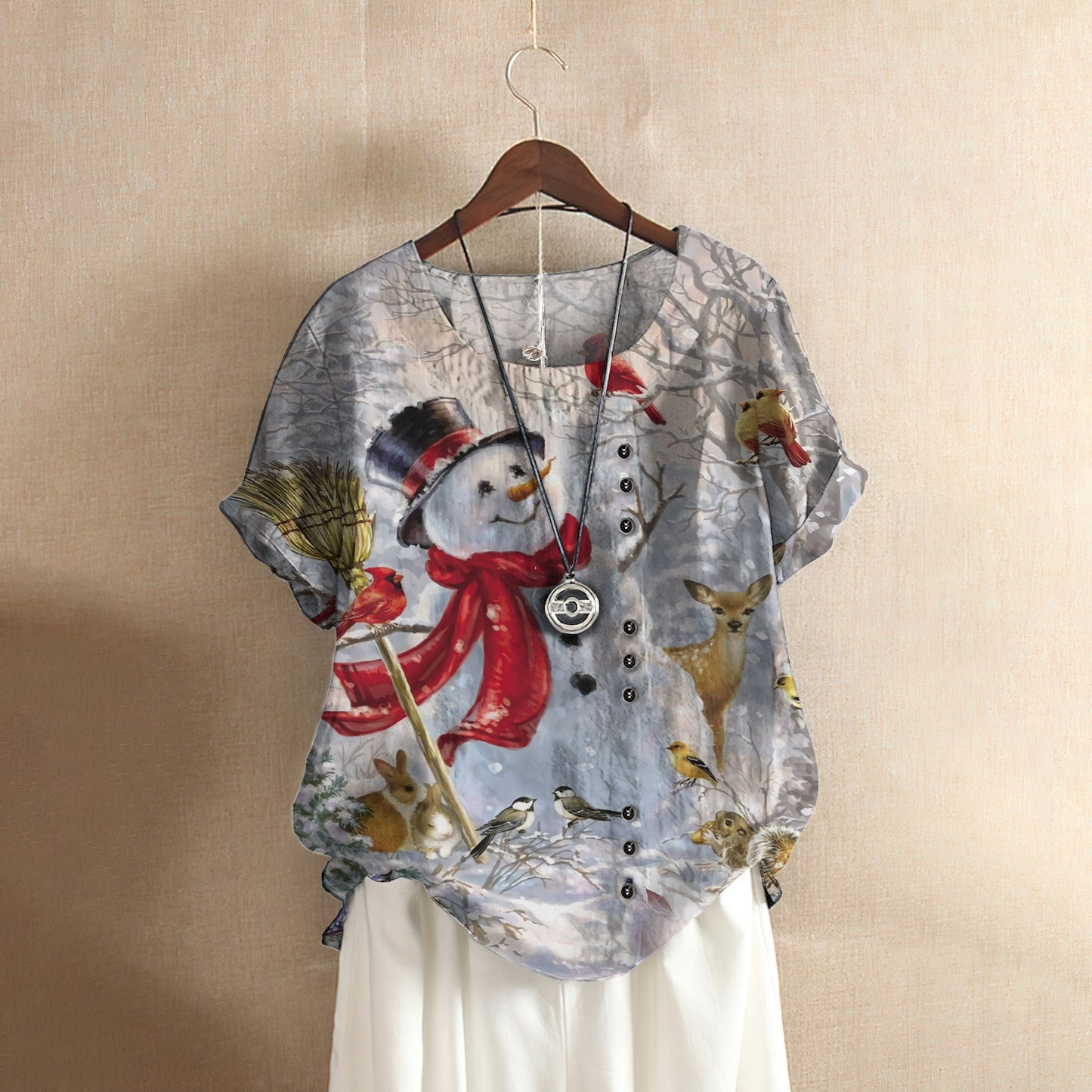 Snowman Cardinal Friends Casual Short Sleeve Shirt | Summer Blouse | Women Cotton T-shirt