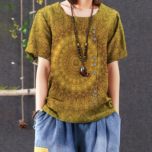Bohemian Sunflower Pattern Casual Short Sleeve Shirt | Summer Blouse | Women Cotton T-shirt
