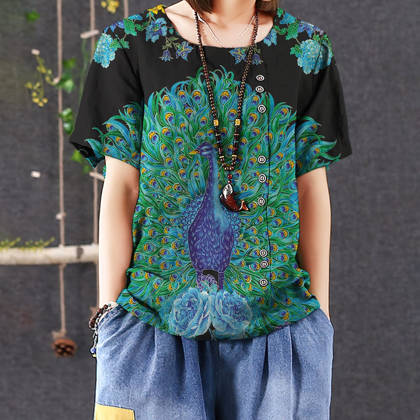 Peacock Enchanted Casual Short Sleeve Shirt | Summer Blouse | Women Cotton T-shirt