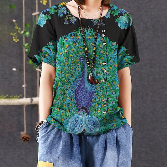 Peacock Enchanted Casual Short Sleeve Shirt | Summer Blouse | Women Cotton T-shirt