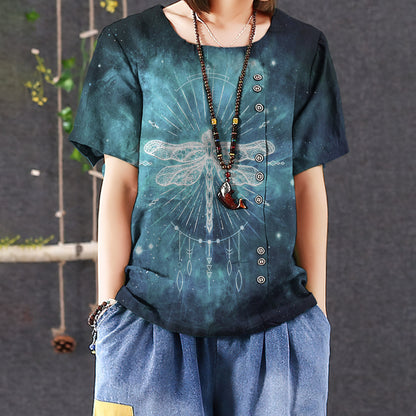 Bohemian Dragonfly Casual Short Sleeve Shirt | Summer Blouse | Women Cotton T-shirt