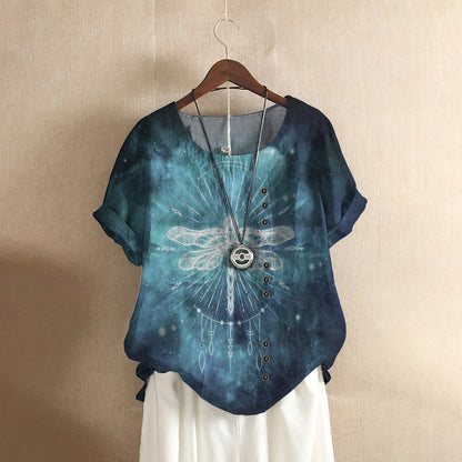 Bohemian Dragonfly Casual Short Sleeve Shirt | Summer Blouse | Women Cotton T-shirt