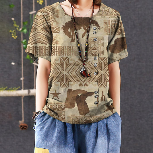 Cowboy Casual Short Sleeve Shirt | Summer Blouse | Women Cotton T-shirt