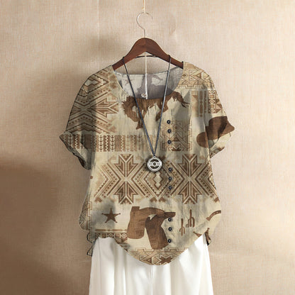 Cowboy Casual Short Sleeve Shirt | Summer Blouse | Women Cotton T-shirt