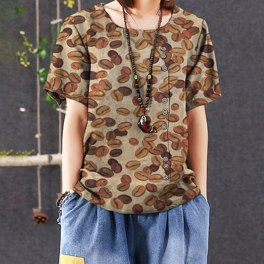 Coffee Bean Casual Short Sleeve Shirt | Summer Blouse | Women Cotton T-Shirt