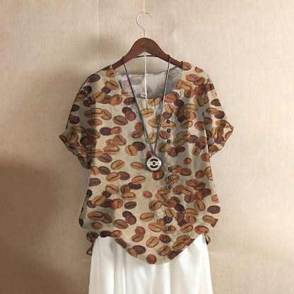 Coffee Bean Casual Short Sleeve Shirt | Summer Blouse | Women Cotton T-Shirt