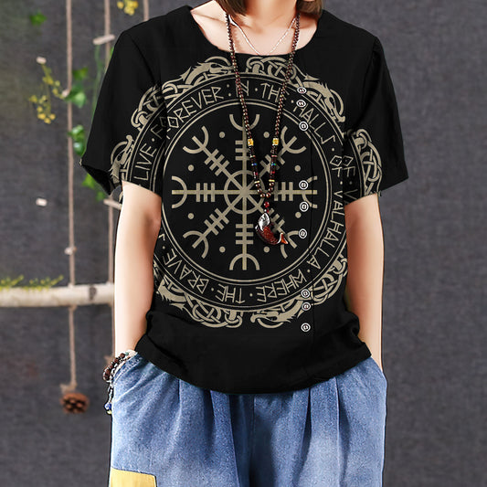 The Vegvisir Symbol Viking In The Halls Of Valhalla Casual Short Sleeve Shirt | Summer Blouse | Women Cotton T-Shirt