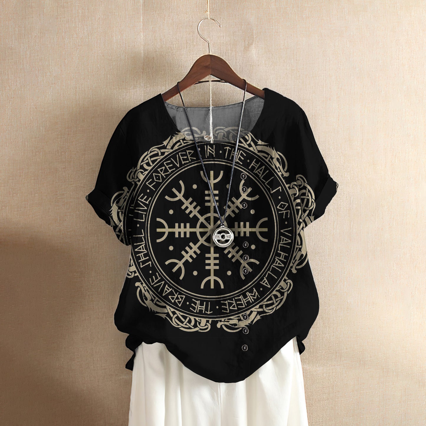The Vegvisir Symbol Viking In The Halls Of Valhalla Casual Short Sleeve Shirt | Summer Blouse | Women Cotton T-Shirt