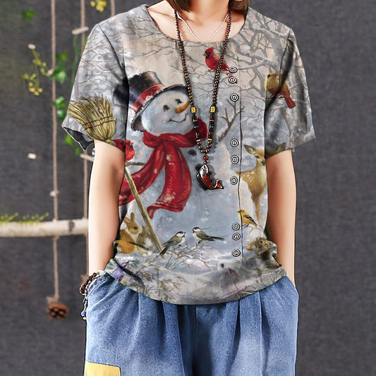 Snowman Cardinal Friends Casual Short Sleeve Shirt | Summer Blouse | Women Cotton T-shirt